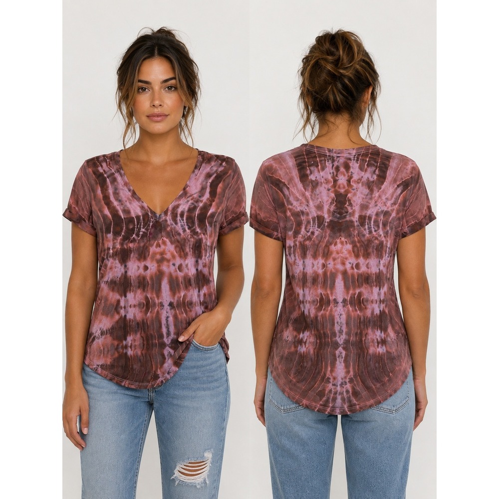 Lululemon Love Tee Shirt Womens 6/8 Pink Brown Tie Dye V-Neck CUSTOM OOAK